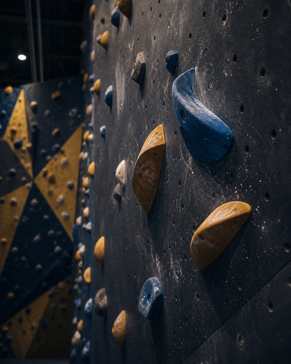 Textured indoor climbing wall with blue and gold holds, ropes, and chalk marks